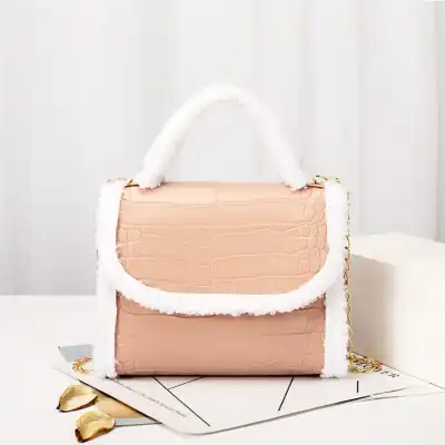 Women Plush Patchwork Crocodile Pattern Chain Crossbody Bag Soft Solid Color