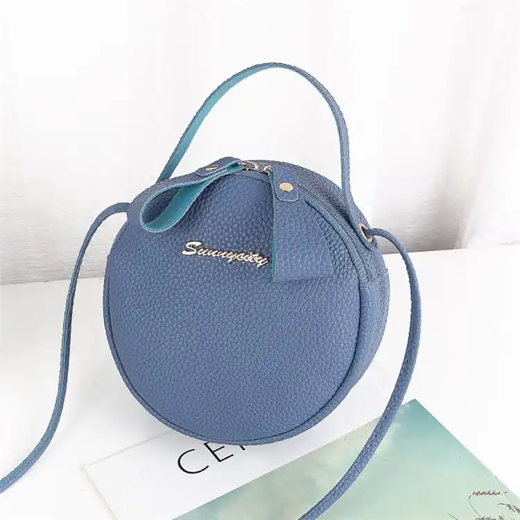 Women Fashion Lichee Pattern Metal Letter Round Crossbody Bag PU Leather