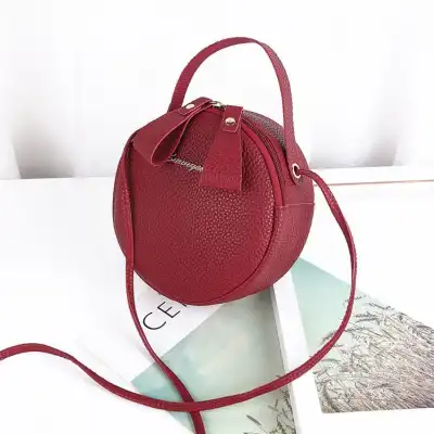 Women Fashion Lichee Pattern Metal Letter Round Crossbody Bag PU Leather