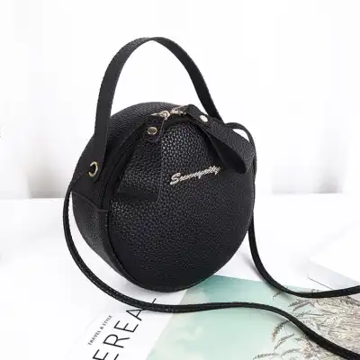 Women Fashion Lichee Pattern Metal Letter Round Crossbody Bag PU Leather