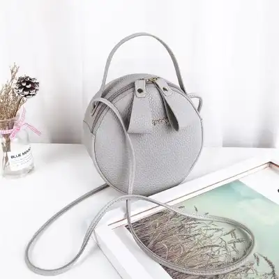 Women Fashion Lichee Pattern Metal Letter Round Crossbody Bag PU Leather
