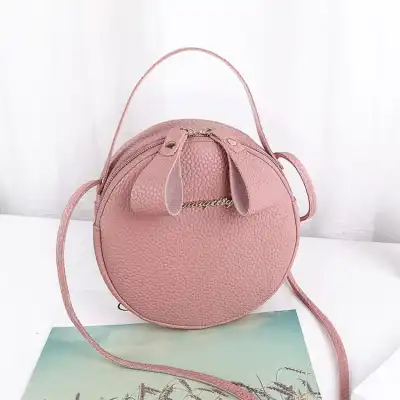 Women Fashion Lichee Pattern Metal Letter Round Crossbody Bag PU Leather