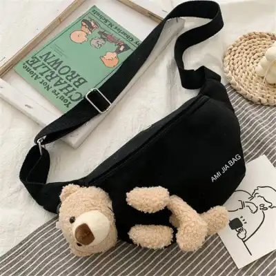 Women Fashion Bear Design Zipper Canvas Chest Bag