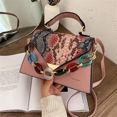 Women Fashion Color Blocking Snakeskin Pattern Mini Crossbody Bag with Magnetic Buckle