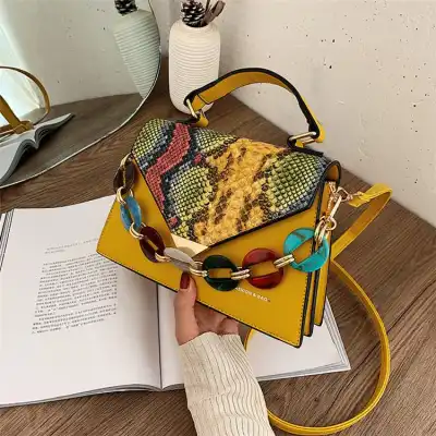 Women Fashion Color Blocking Snakeskin Pattern Mini Crossbody Bag with Magnetic Buckle