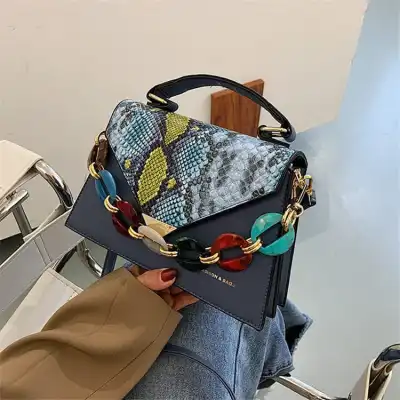 Women Fashion Color Blocking Snakeskin Pattern Mini Crossbody Bag with Magnetic Buckle