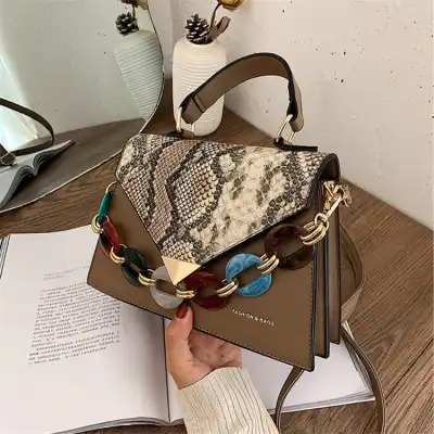 Women Fashion Color Blocking Snakeskin Pattern Mini Crossbody Bag with Magnetic Buckle