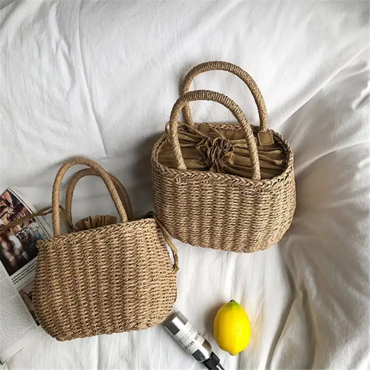 Women Fashion Straw Woven Handle Cylindrical Bucket Bag Solid Color Street Style
