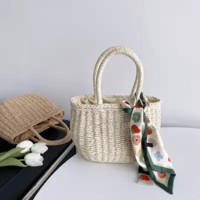 Women Fashion Straw Woven Handle Cylindrical Bucket Bag Solid Color Street Style