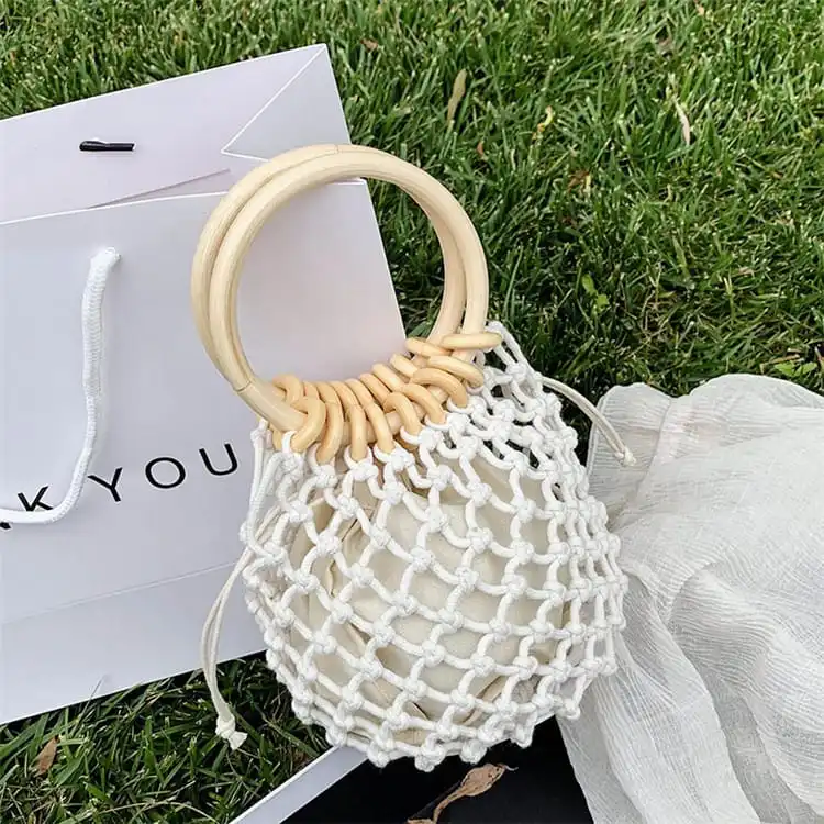 Women Simple Drawstring Rope Woven Handle Straw Bucket Bag