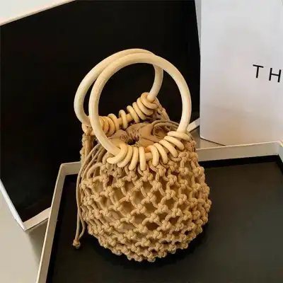 Women Simple Drawstring Rope Woven Handle Straw Bucket Bag
