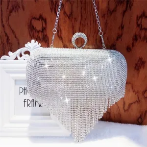 Women Fashion Rhinestone Tassel Chain Evening Bag Solid Color Clutch