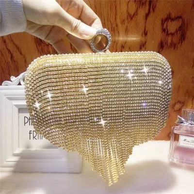 Women Fashion Rhinestone Tassel Chain Evening Bag Solid Color Clutch