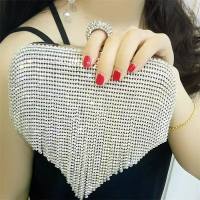 Women Fashion Rhinestone Tassel Chain Evening Bag Solid Color Clutch
