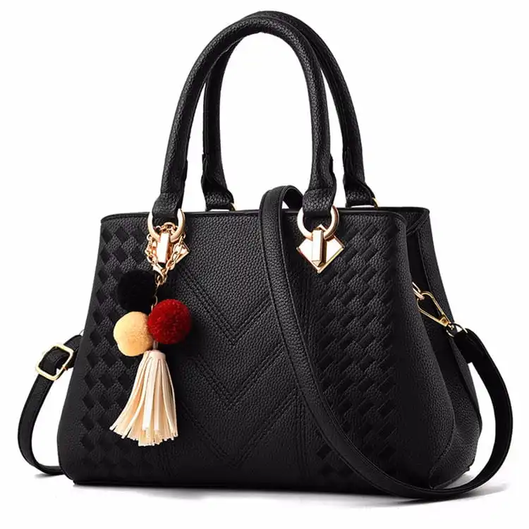 Women Fashion Embroidery Pompon And Tassel Decorative PU Shoulder Bag