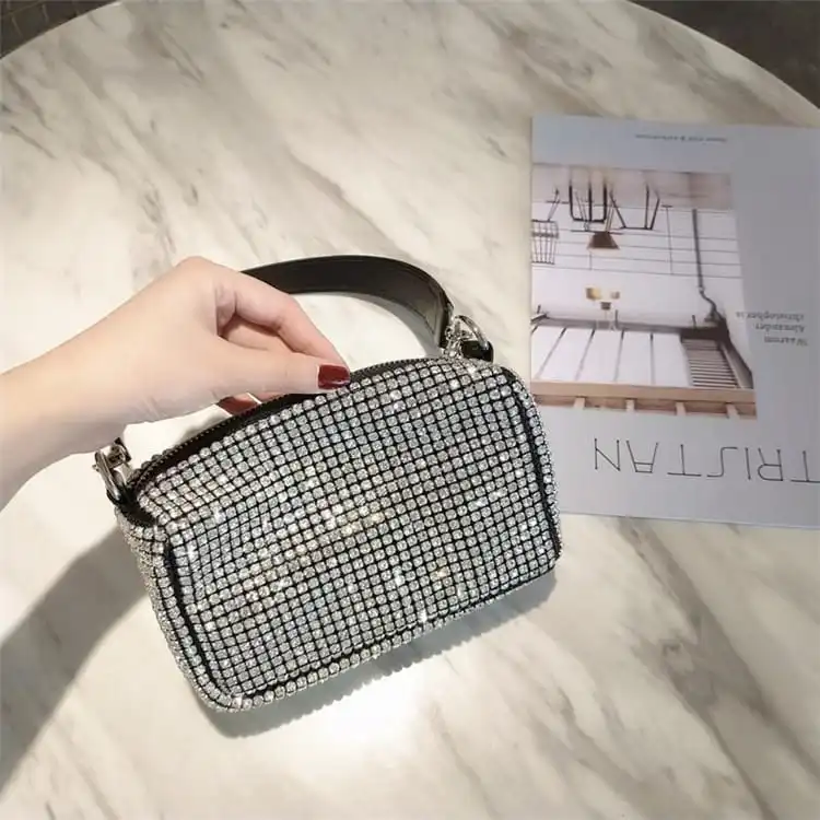 Women Fashion Rhinestone Decorative Small Square Crossbody Evening Bag