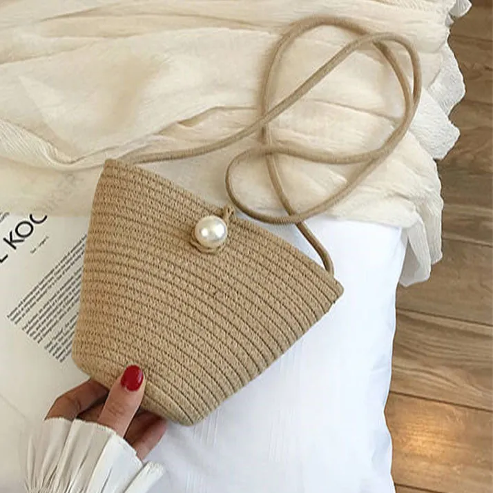 Women Fashion Solid Color Imitation Pearl Woven Bucket Crossbody Bag Mini Heart-shaped