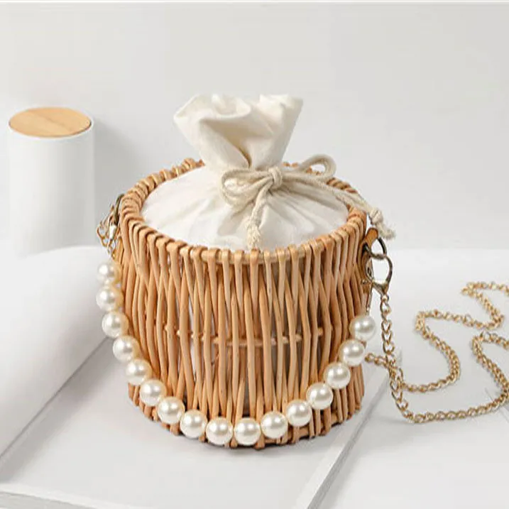 Women Unique Pearl Strap Woven Bucket Bag Crossbody Round Little Soft