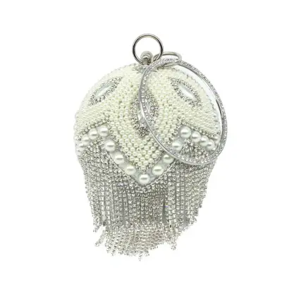 Women Fashion Imitation Pearl Rhinestone Tassel Round PU Evening Bag with Lock Closure