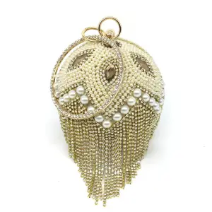 Women Fashion Imitation Pearl Rhinestone Tassel Round PU Evening Bag with Lock Closure