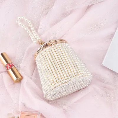 Women Elegant Imitation Pearl Decorative Metal Bucket Evening Bag with Lock Closure