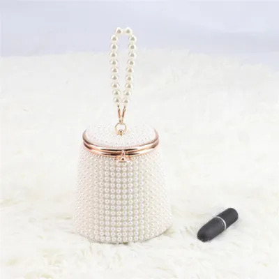 Women Elegant Imitation Pearl Decorative Metal Bucket Evening Bag with Lock Closure