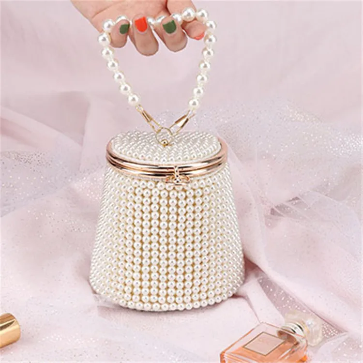 Women Elegant Imitation Pearl Decorative Metal Bucket Evening Bag with Lock Closure