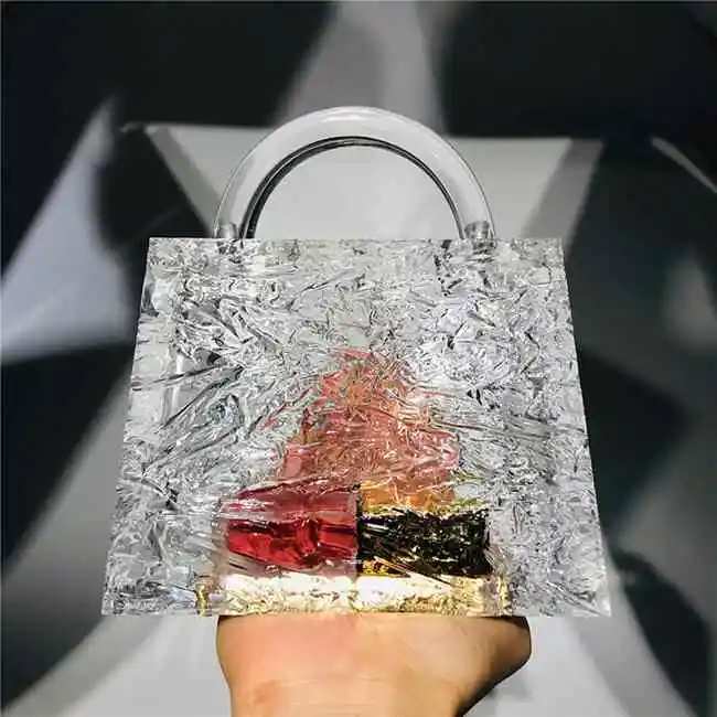 Women Fashion Transparent Ice Crack Chain Acrylic Evening Bag Bucket Type