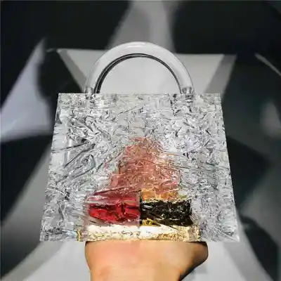 Women Fashion Transparent Ice Crack Chain Acrylic Evening Bag Bucket Type