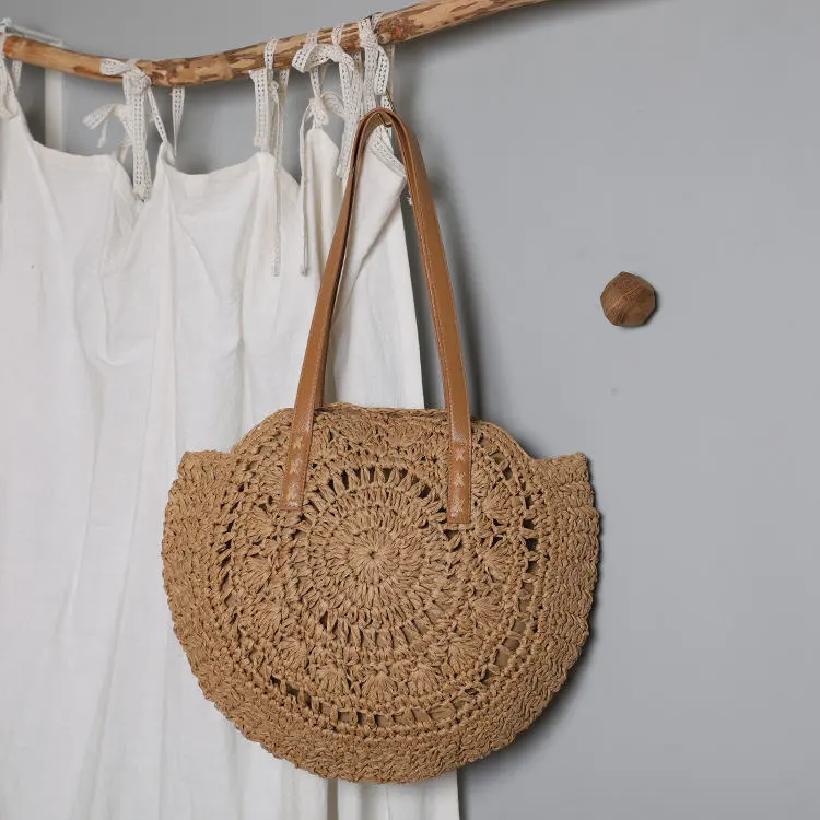 Women Fashion Solid Color Large Capacity Straw Weave Pillow Shoulder Bag