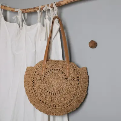 Women Fashion Solid Color Large Capacity Straw Weave Pillow Shoulder Bag