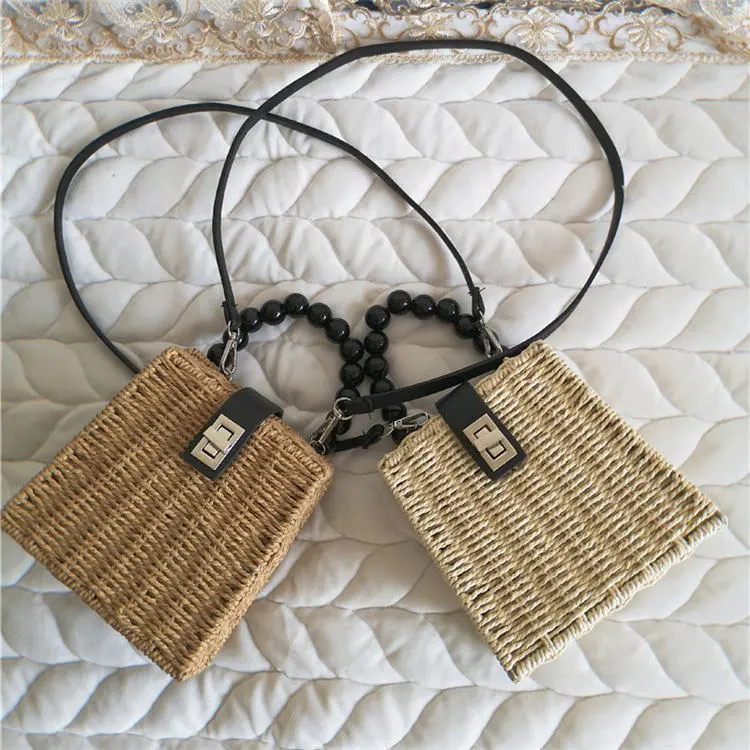 Women Fashion Straw Color Blocking Patchwork Trapezoid Crossbody Bag