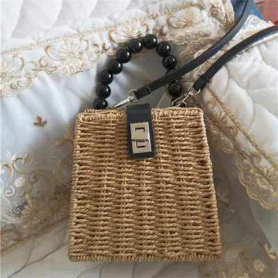 Women Fashion Straw Color Blocking Patchwork Trapezoid Crossbody Bag