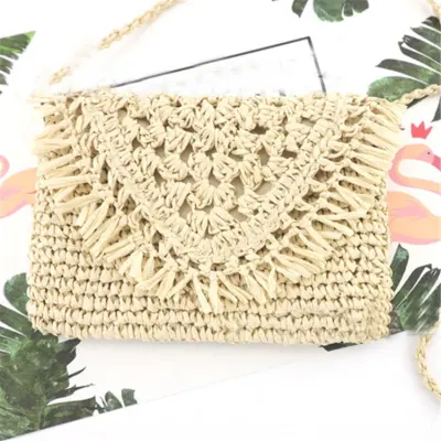 Women Simple Tassel Decorative Solid Color Flap Weave Straw Crossbody Bag