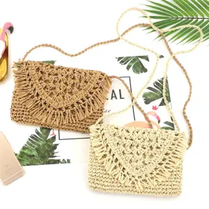 Women Simple Tassel Decorative Solid Color Flap Weave Straw Crossbody Bag