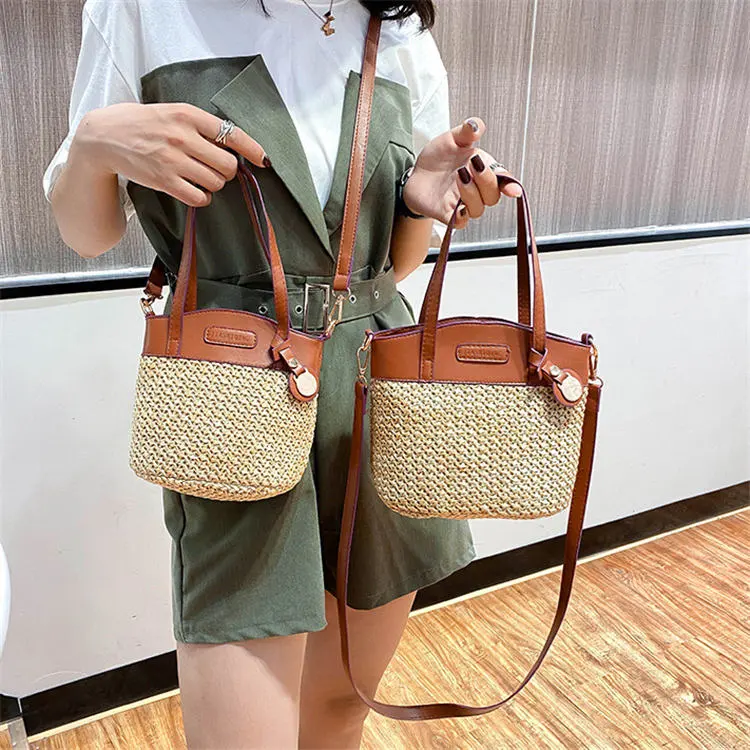 Women Fashion Color Blocking Patchwork Weave Crossbody Straw Bag