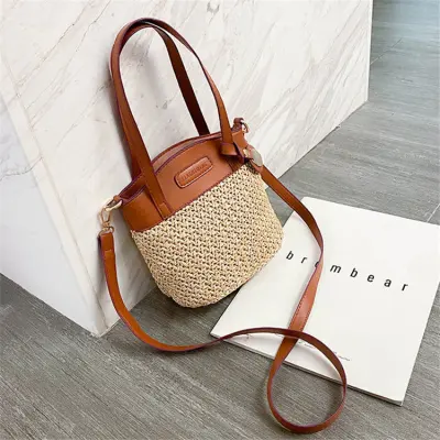Women Fashion Color Blocking Patchwork Weave Crossbody Straw Bag