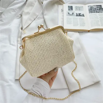 Women Fashion Metal Chain Straw Weave Crossbody Bag