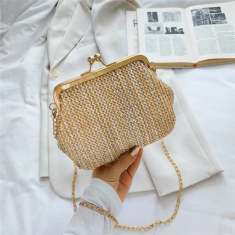 Women Fashion Metal Chain Straw Weave Crossbody Bag
