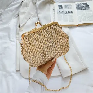Women Fashion Metal Chain Straw Weave Crossbody Bag