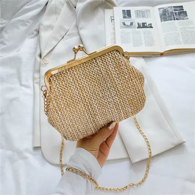 Women Fashion Metal Chain Straw Weave Crossbody Bag