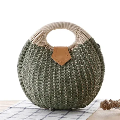 Women Fashion Color Blocking Patchwork Weave Shell Shape Handle Straw Bag