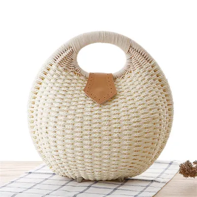 Women Fashion Color Blocking Patchwork Weave Shell Shape Handle Straw Bag