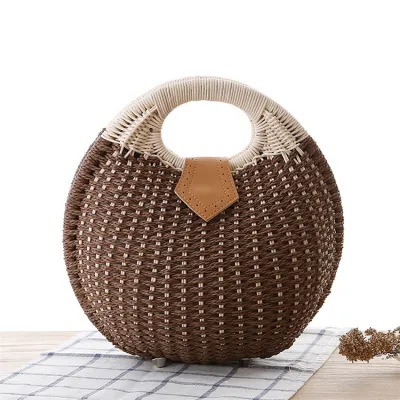Women Fashion Color Blocking Patchwork Weave Shell Shape Handle Straw Bag