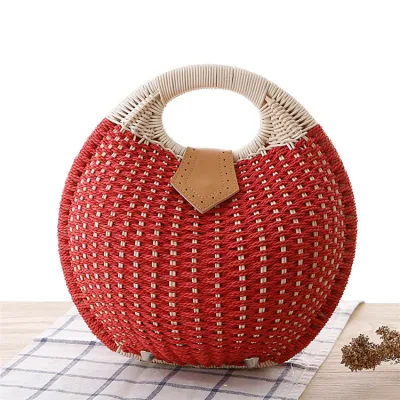Women Fashion Color Blocking Patchwork Weave Shell Shape Handle Straw Bag