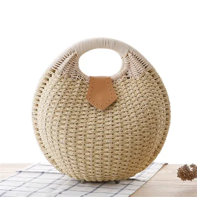 Women Fashion Color Blocking Patchwork Weave Shell Shape Handle Straw Bag