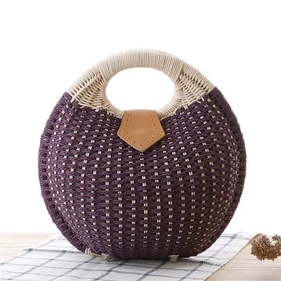 Women Fashion Color Blocking Patchwork Weave Shell Shape Handle Straw Bag