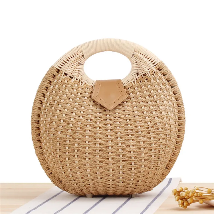 Women Fashion Color Blocking Patchwork Weave Shell Shape Handle Straw Bag