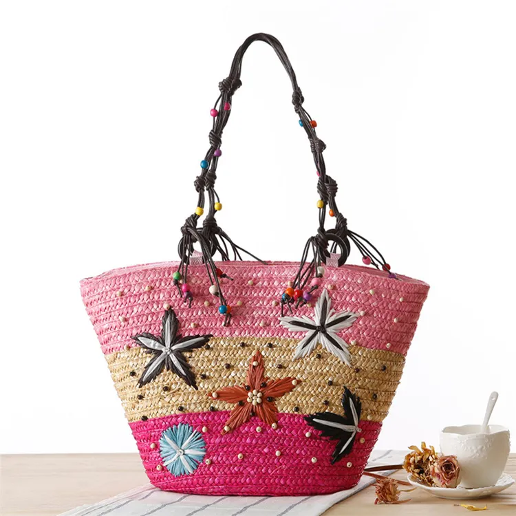 Women's Bohemian Handmade Embroidered Starfish Straw Woven Shoulder Bag