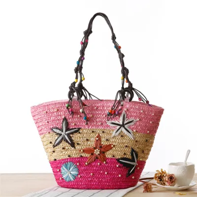 Women's Bohemian Handmade Embroidered Starfish Straw Woven Shoulder Bag